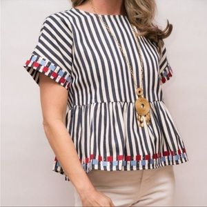 Charlie O Peplum Blouse Top Blue stripe  w/ Embroidery Womens Size Small